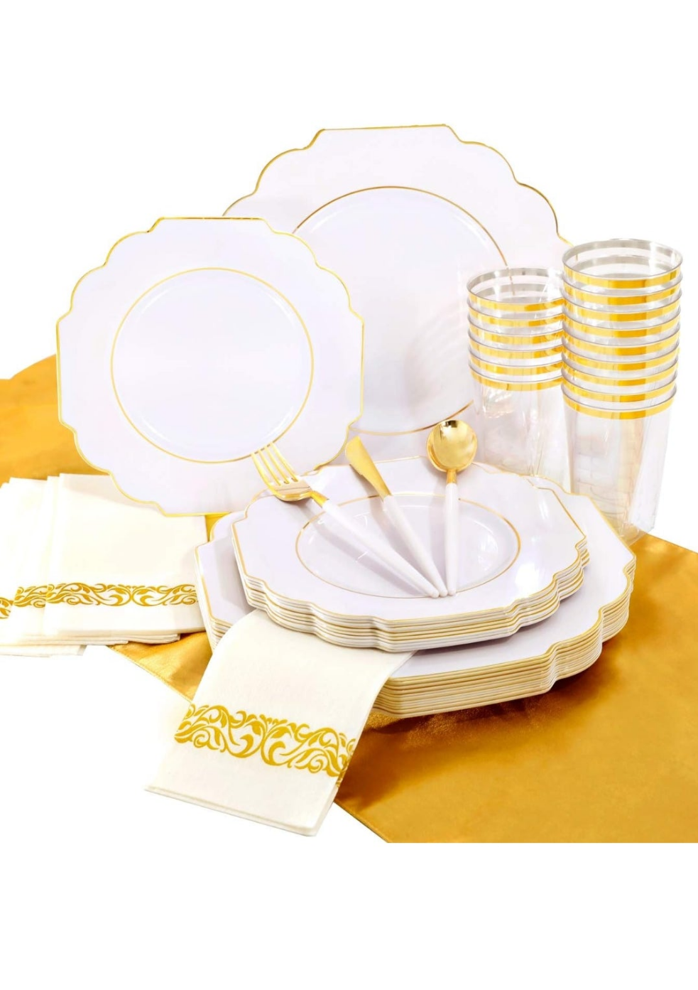 Set of 20 Gold and White Plastic Plates