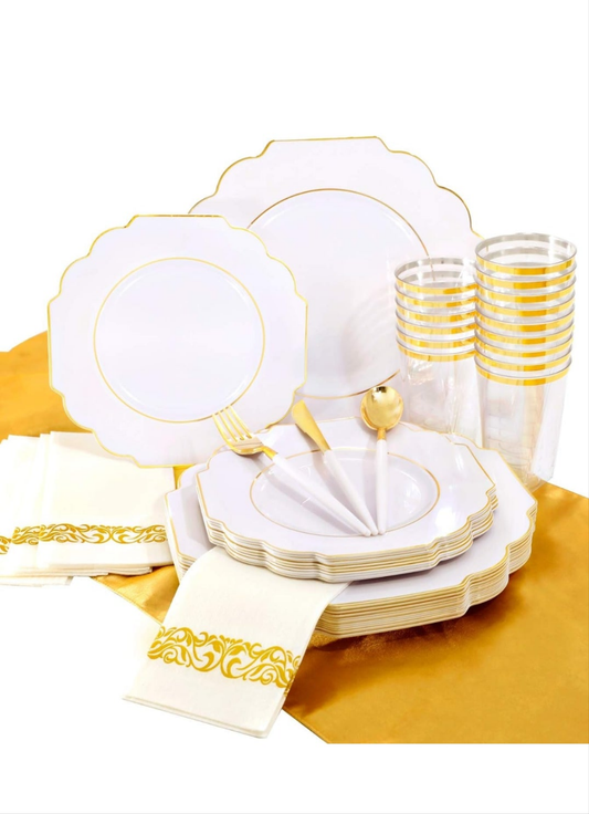 Set of 20 Gold and White Plastic Plates